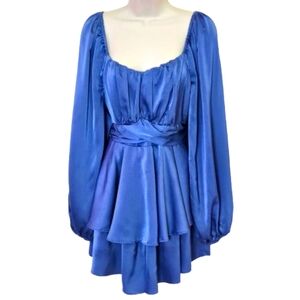 Picaurshe Blue Satin Long Sleeve Sweetheart Neckline Romper, Large